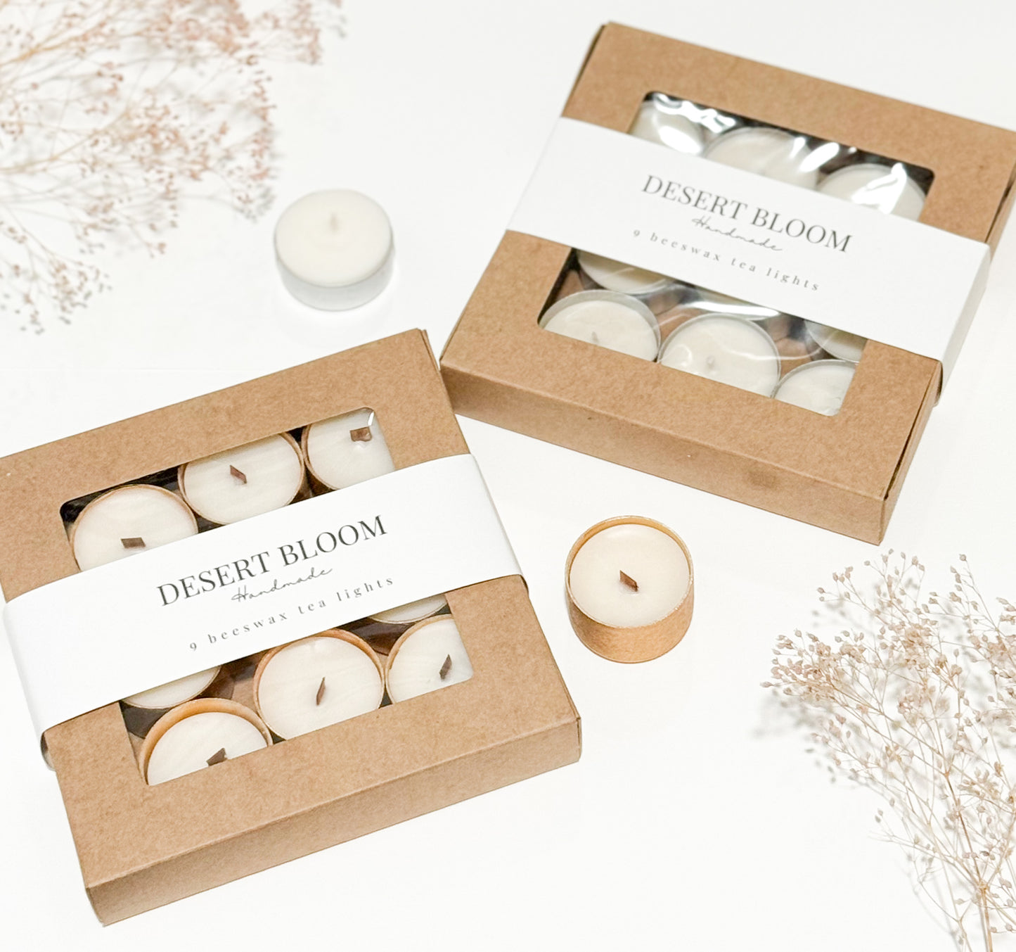 Box of 9 Beeswax Tealights – Brushed Gold with Wood Wicks