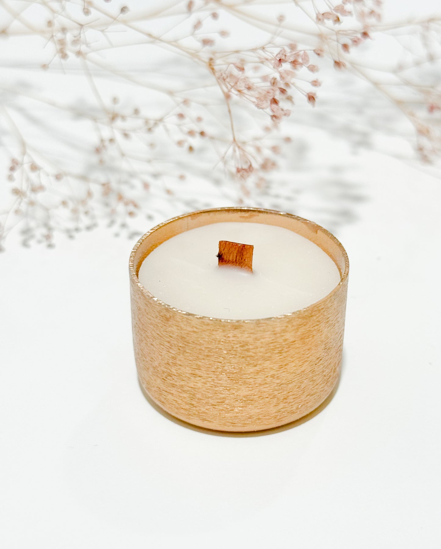 Box of 9 Beeswax Tealights – Brushed Gold with Wood Wicks