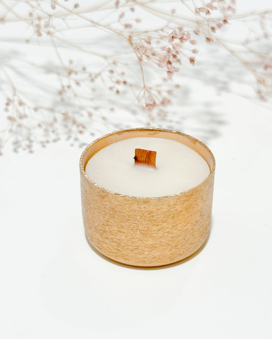 Box of 9 Beeswax Tealights – Brushed Gold with Wood Wicks